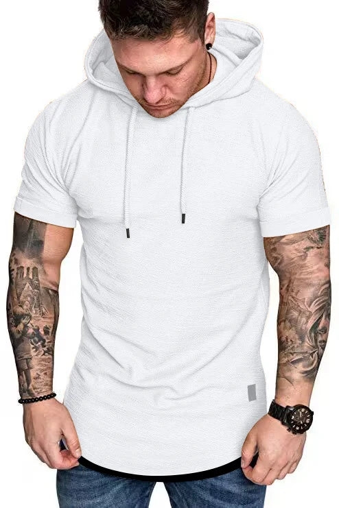 New summer hooded T-shirt men's solid color men's short sleeve T-shirt hoodie Leedoar