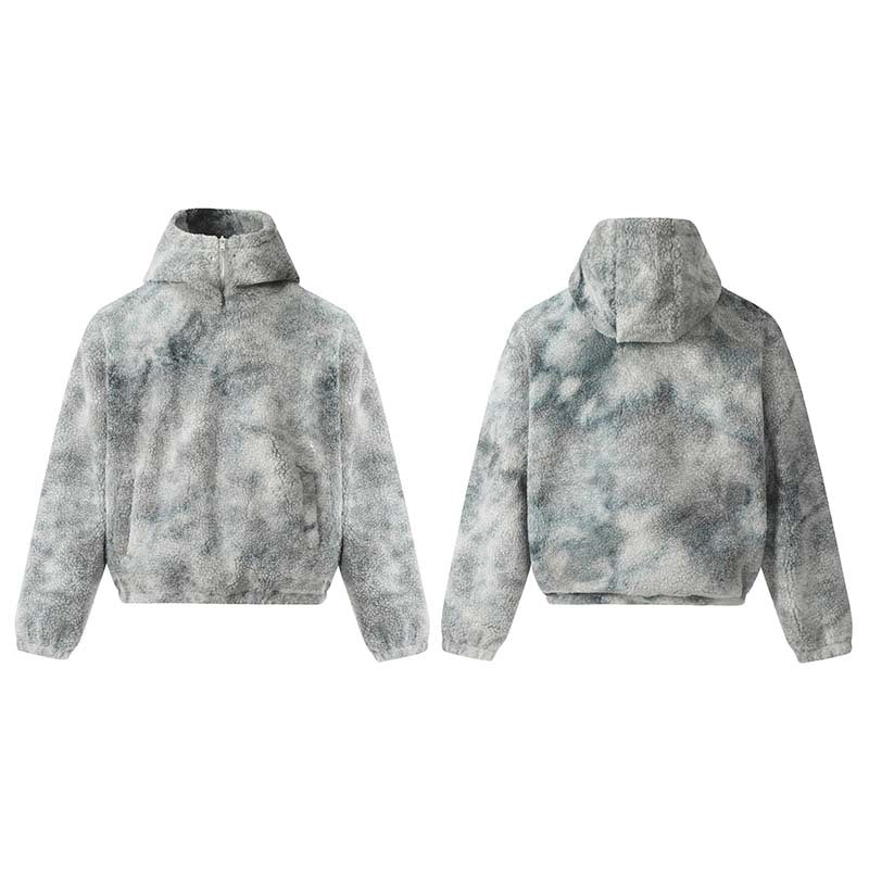 High Street American Tie-Dye Fleece Half-Zip Hoodie with Hood for Men, Trendy Oversized Casual Sweatshirt
