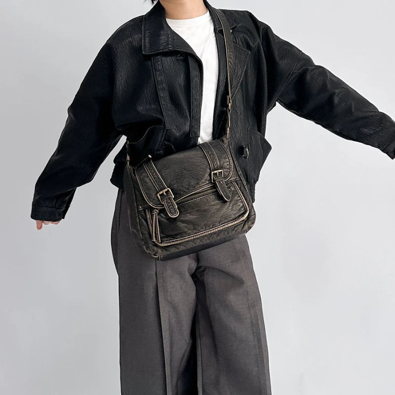 PU Shoulder Bag Women's Crossbody Bags Large Capacity bag Vintage Design Messenger bags Fashion Motorcycle Bag High-quality Leedoar