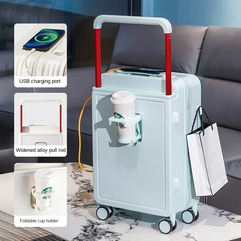 18 20 22 24 inch Trolley Suitcase External USB Charging Port Foldable Cup Holder Side Hook Boarding Combination Lock Suitcase Leedoar