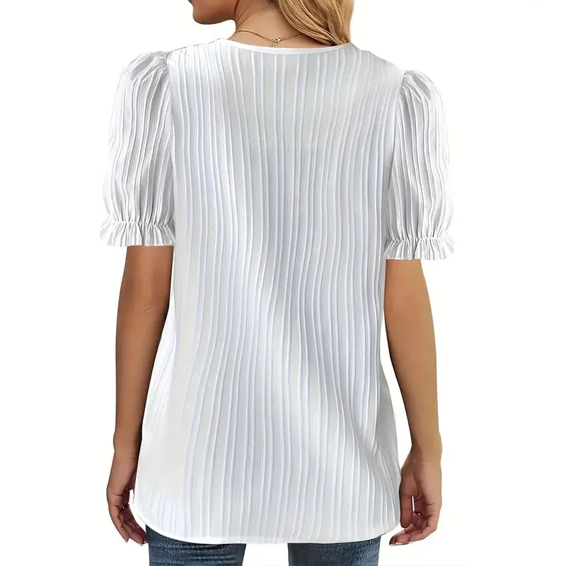 New Women's Fashion Lace V Neck Tops Casual Solid Color Short Sleeve T-Shirts Elegant Puff Sleeve Blouses Shirts Leedoar