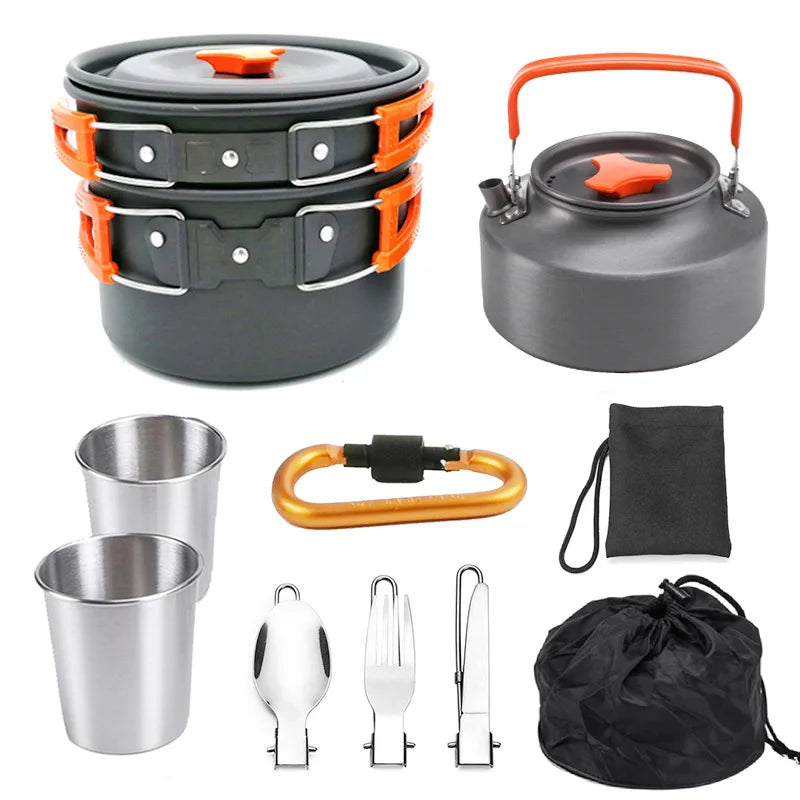 2-3 People Outdoor Camping Cookware Set, Folding Pots, Utensils, Teapot Combinations, Outdoor Set Pots, Cutlery Leedoar