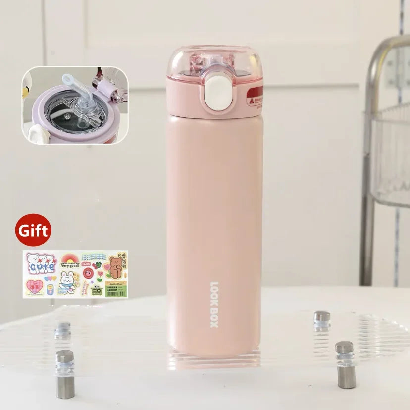 380ml Fashion Stainless Steel Vacuum Flask With Straw Portable Cute Thermos Mug Travel Thermal Water Bottle Tumbler Thermocup Leedoar