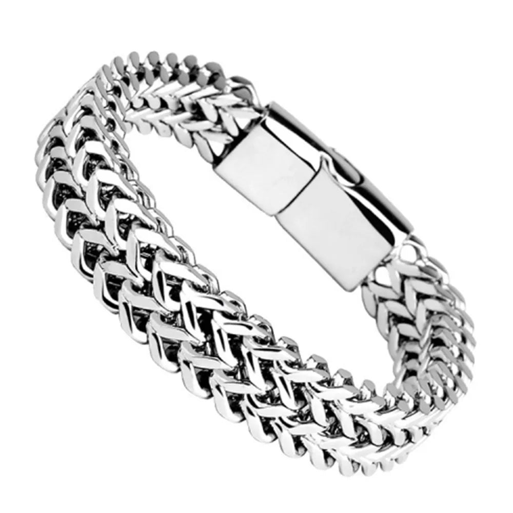 Hip Hop Stainless Steel Braided Double Row Front and Back Fish Scale Magnetic Buckle Bracelet with Keel Jewelry Leedoar