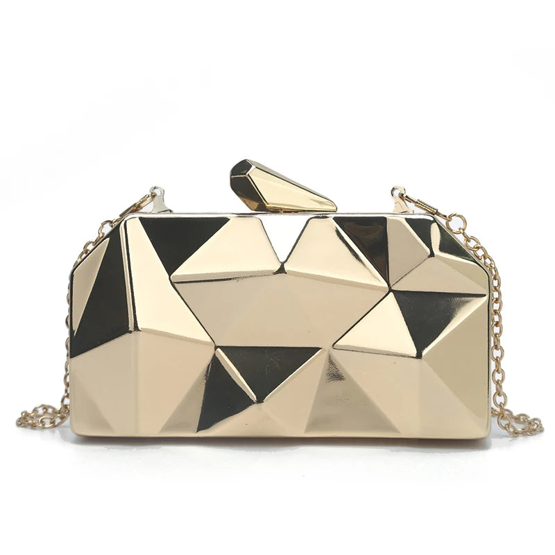 2023 New Women's Korean Version Diamond Iron Box Irregular Chain Fashion Elegant Party Dance Use Handheld Metal Solid Dinner Bag Leedoar