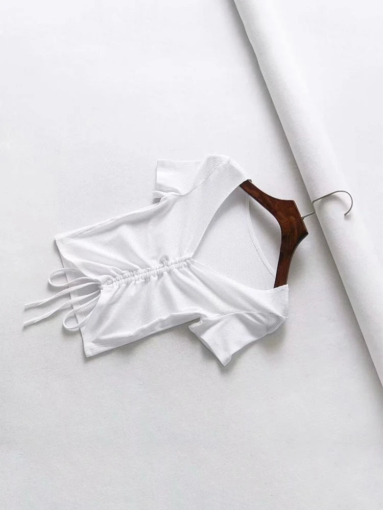 Sexy V Neck Cropped Tank Tops Women Drawstring Tie Up Front Camis Candy Colors Streetwear Slim Fit Ribbed Crop Top Leedoar