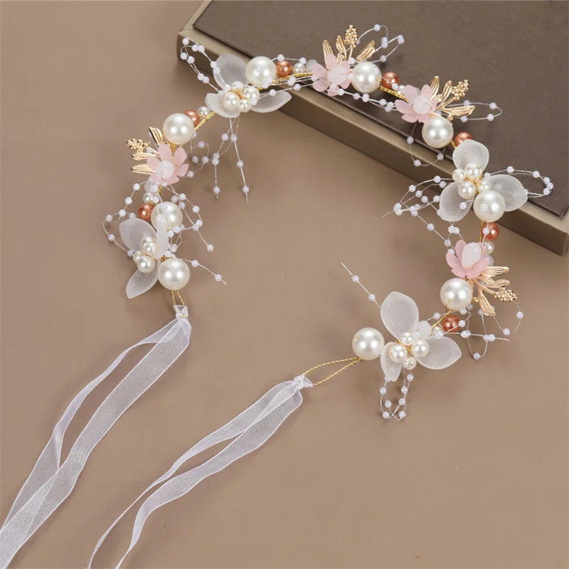 Spring Bohemian Girls Bridal Pearl Hair Headdress Flower Wreath Bride Garland Head Hoop Headbands Hair Jewelry Children Gifts Leedoar