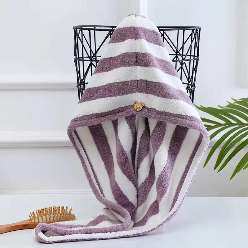 Stripe Quick-dry Hair Towel Women Hair Drying Hat Coral Fleece Solid Towel Cap Super Absorption Turban Hair Dry Cap Leedoar