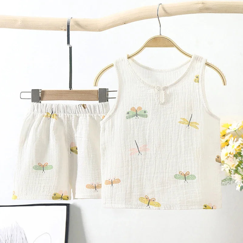 Summer New Gauze Cotton Boys And Girls Tank Tops + Shorts Suit Korean Children's Baby Home Clothes Infant 2pcs Sets Leedoar