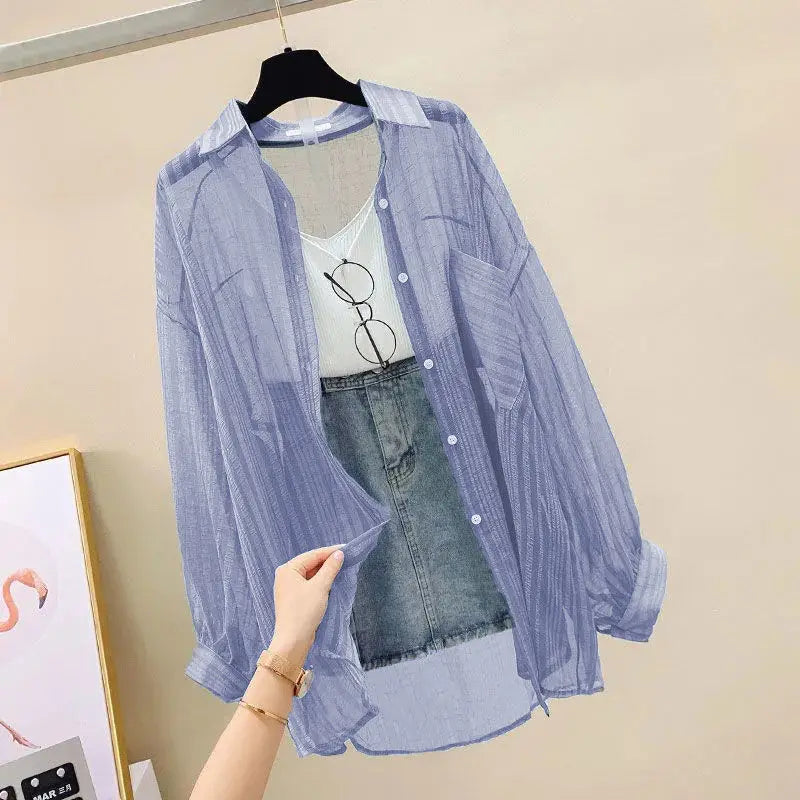 Summer Sunscreen Shirt Elegant Perspective Thin Chiffon Blouse Korean Harajuku See Through Loose Top Casual Women's Cardigan Leedoar