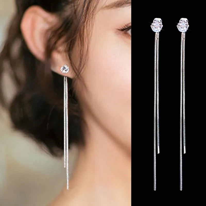 Super Fairy Lady Earrings Long Version Tassel Earrings Simple Personality Fashion Zircon Earrings Long Ear Cord Leedoar