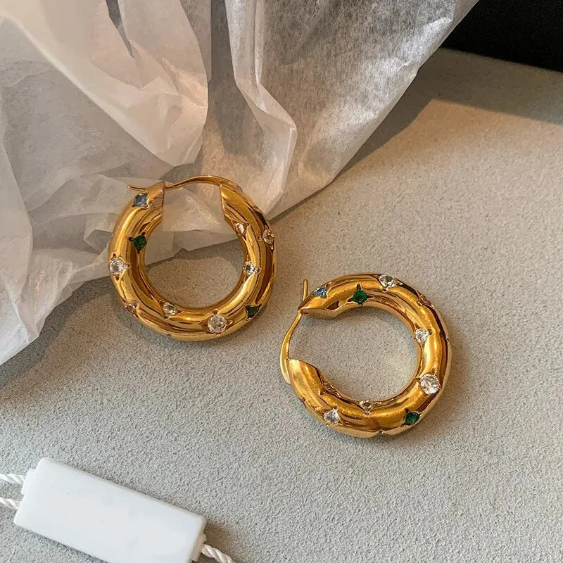 Trendy Gold Color Crystal Stainless Steel Round Earrings For Women Imitation Pearl Metal Earring Party Everyday Jewelry Leedoar