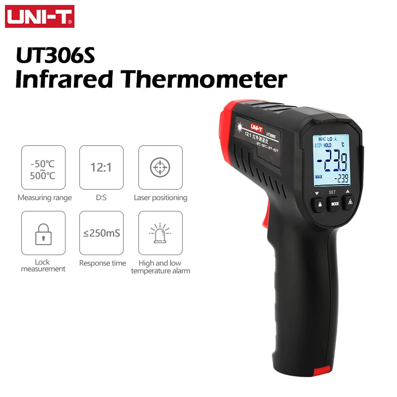UNI-T Digital Thermometer UT306S UT306C Non-contact industrial Infrared Laser Temperature Meter Temperature Gun Tester-50-500 Leedoar