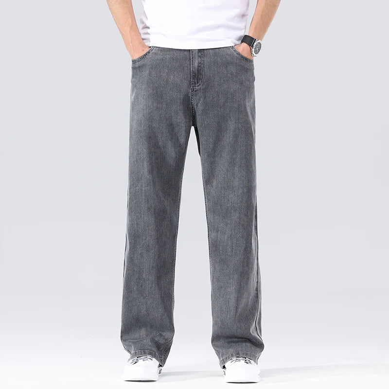 Ultra Thin Lyocell Men's Loose Jeans Summer Fashion Drape Soft Fabric Business Straight Denim Pants Wide Legs Ice Silk Trousers Leedoar