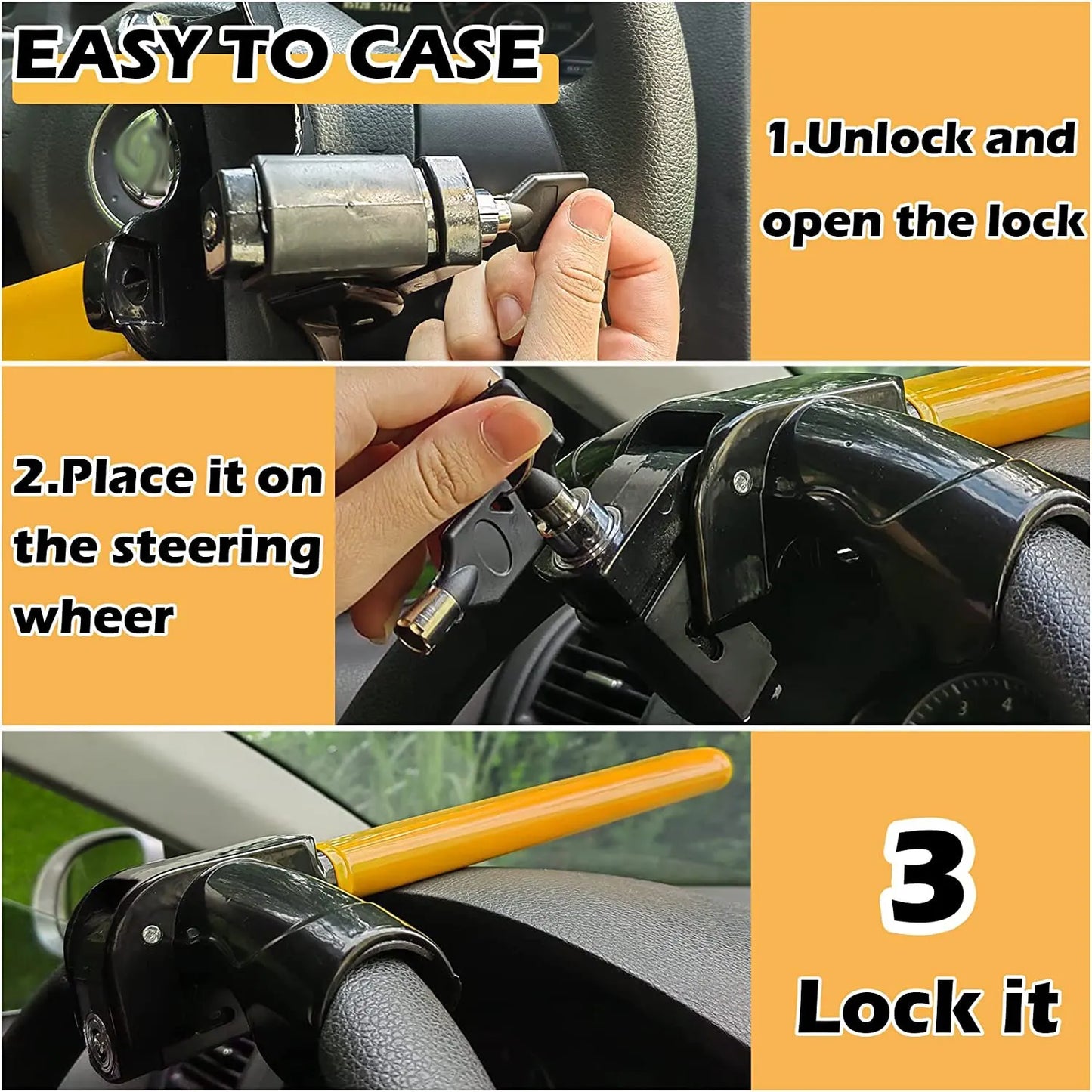 Universal Car Steering Wheel Lock Fit Maximum Security Steering Anti-Theft T-Bar Steering Wheel Immobiliser Leedoar