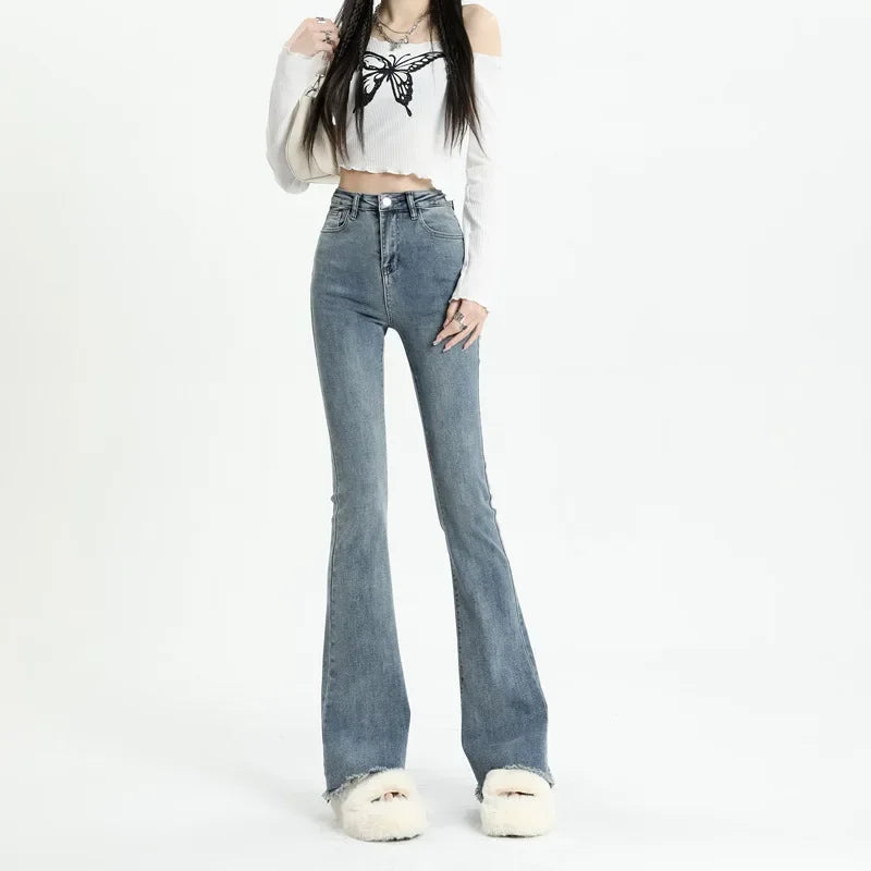 Vintage Flare Bottoms Jeans High Waist Women Skinny Boot Cut Denim Pants Punk Streetwear Wide Leg Trousers Leedoar