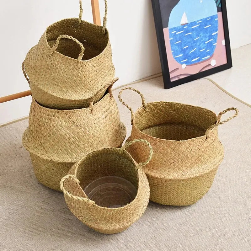 Wicker Basket Toy Organizer Folding Rattan Seagrass Storage Basket Laundry Woven Basket Plant Flower Pot For Home Garden Leedoar