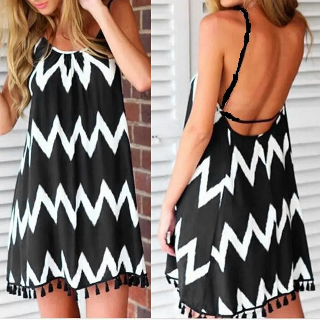 Women Summer Sexy Wave Pattern Tassel Strap Sleeveless Holiday Dress Leedoar