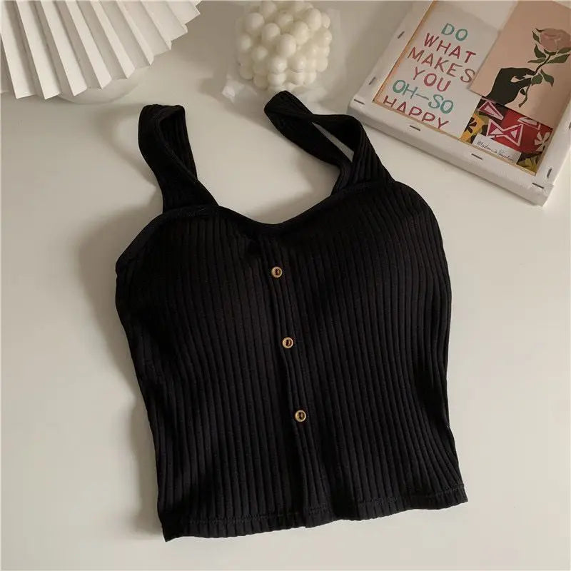 Women's Cropped Tops with Bra Pads Summer Corset Korean Suspenders Vest Sexy Camisole Slim Leedoar