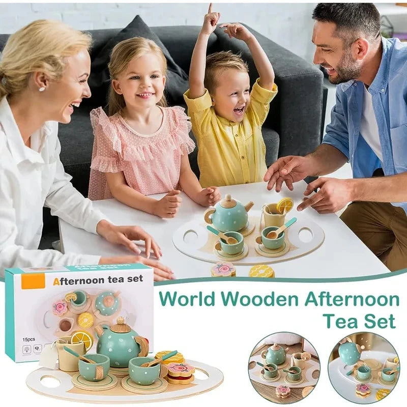 Wooden Afternoon Tea Set Toy Pretend Play Food Learning Role Play Game Early Educational Toys for Toddlers Girls Boys Kids Gifts Leedoar