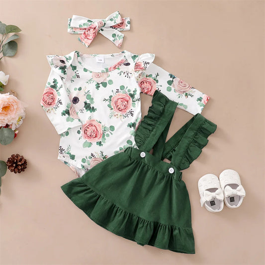 Conjunto de 3 piezas de ropa para niña recién nacida de 0 a 12 meses, camiseta de manga larga con estampado floral, falda con tirantes y tocado, atuendo diario de moda para primavera y otoño 