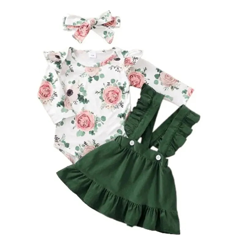 Conjunto de 3 piezas de ropa para niña recién nacida de 0 a 12 meses, camiseta de manga larga con estampado floral, falda con tirantes y tocado, atuendo diario de moda para primavera y otoño 