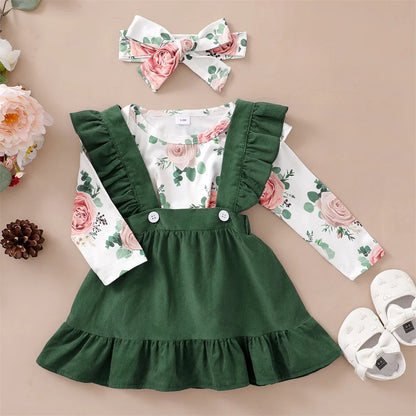 Conjunto de 3 piezas de ropa para niña recién nacida de 0 a 12 meses, camiseta de manga larga con estampado floral, falda con tirantes y tocado, atuendo diario de moda para primavera y otoño 