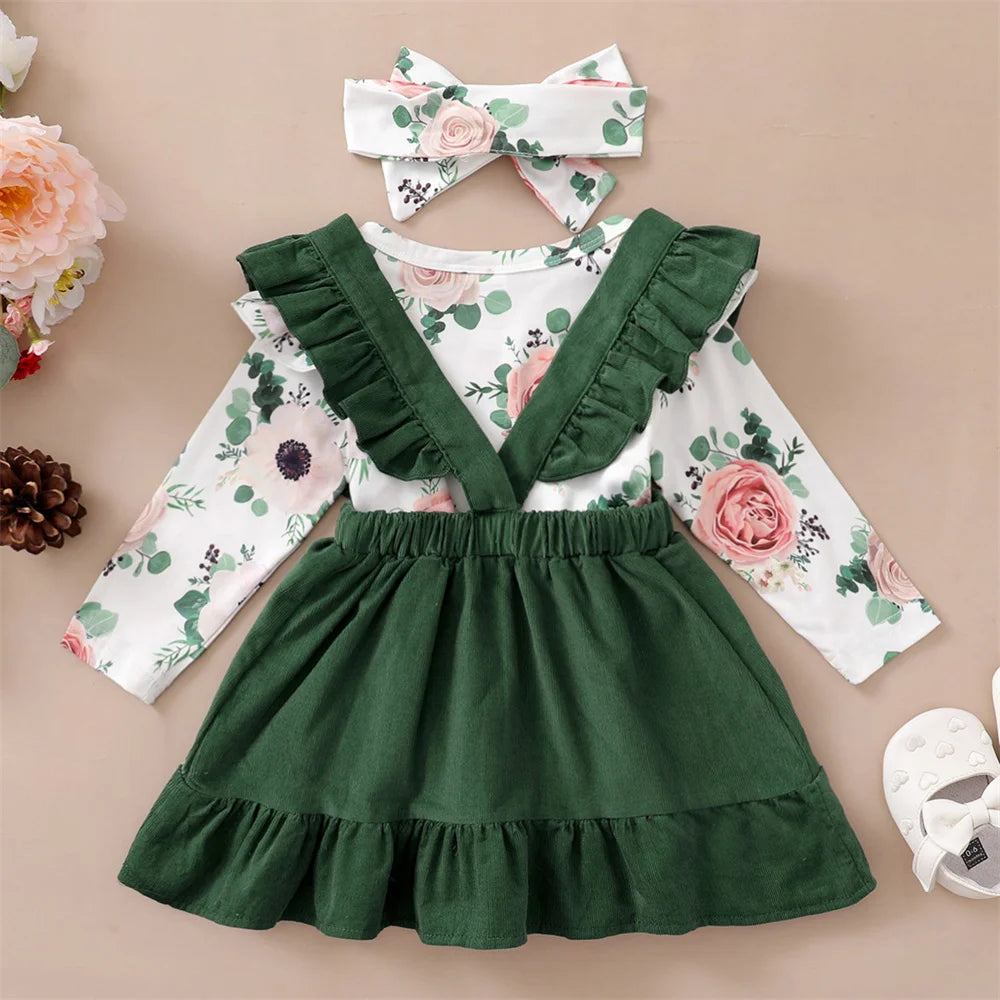 Conjunto de 3 piezas de ropa para niña recién nacida de 0 a 12 meses, camiseta de manga larga con estampado floral, falda con tirantes y tocado, atuendo diario de moda para primavera y otoño 