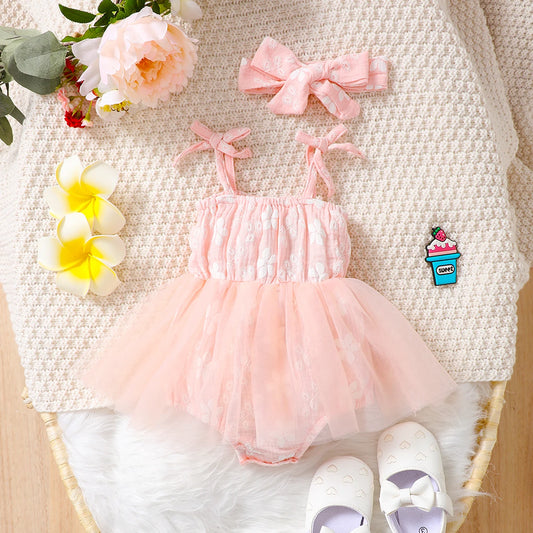 Mono de moda para niña recién nacida de 0 a 18 meses, bonito mono con falda de malla y tirantes florales, mono con tocado, mono de verano para niña pequeña 