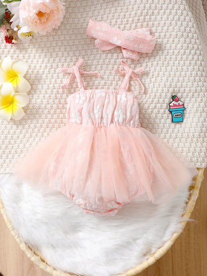 Mono de moda para niña recién nacida de 0 a 18 meses, bonito mono con falda de malla y tirantes florales, mono con tocado, mono de verano para niña pequeña 