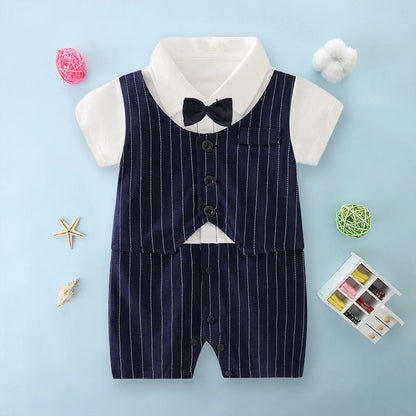 Mono para niños de 0 a 18 meses, mono de verano para recién nacidos, gris, de manga corta, a rayas, para caballero, con lazo atractivo 