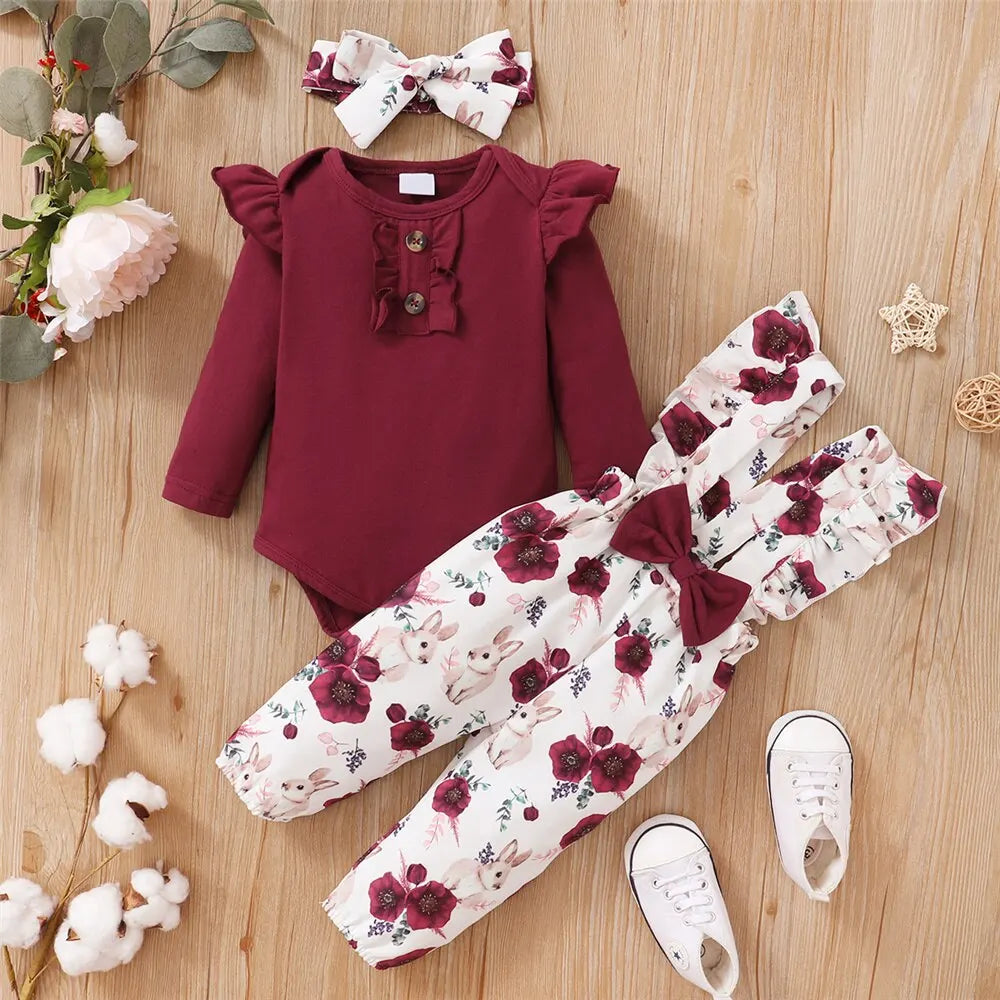 Conjunto de 3 piezas de ropa para niña recién nacida de 0 a 24 meses, mono de manga larga, pantalones con tirantes de flores y diadema, bonito atuendo de primavera y otoño 