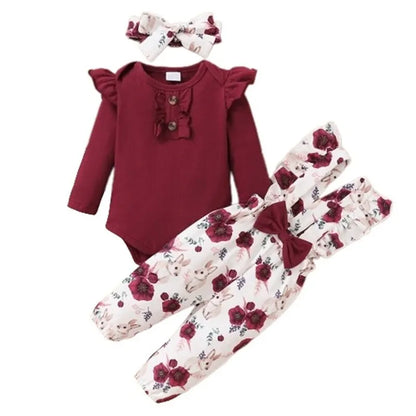 Conjunto de 3 piezas de ropa para niña recién nacida de 0 a 24 meses, mono de manga larga, pantalones con tirantes de flores y diadema, bonito atuendo de primavera y otoño 