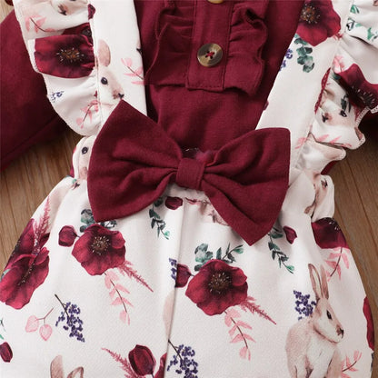 Conjunto de 3 piezas de ropa para niña recién nacida de 0 a 24 meses, mono de manga larga, pantalones con tirantes de flores y diadema, bonito atuendo de primavera y otoño 