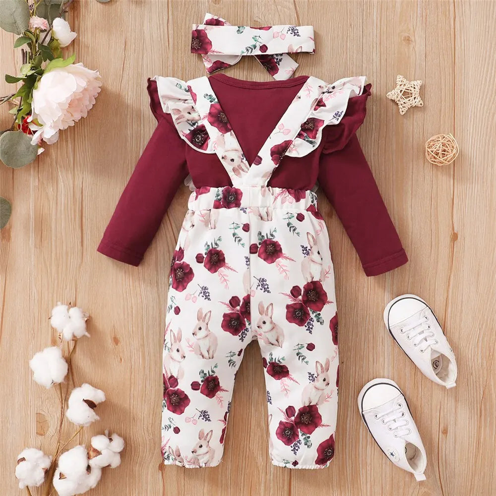 Conjunto de 3 piezas de ropa para niña recién nacida de 0 a 24 meses, mono de manga larga, pantalones con tirantes de flores y diadema, bonito atuendo de primavera y otoño 