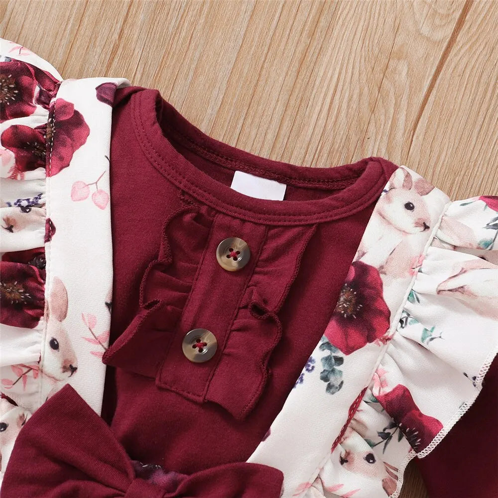 Conjunto de 3 piezas de ropa para niña recién nacida de 0 a 24 meses, mono de manga larga, pantalones con tirantes de flores y diadema, bonito atuendo de primavera y otoño 