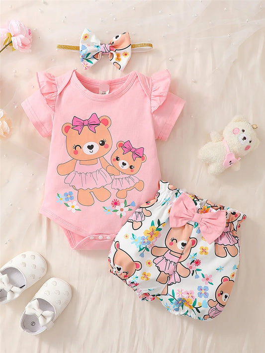 Conjunto de ropa diaria para niña recién nacida de 0 a 2 años, mono de manga corta con oso de dibujos animados y pantalones cortos con diadema, conjunto encantador de verano de 3 piezas 