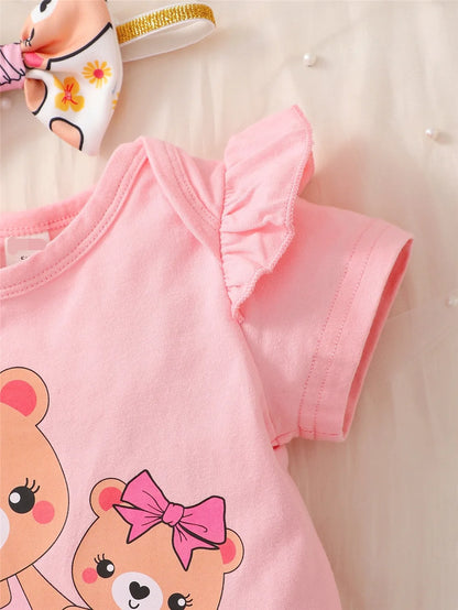 0-2Years Newborn Baby Girl Daily Clothes Set Cartoon Bear Short Sleeve Romper + Shorts with Headband Summer Lovely 3PCS Outfit Leedoar