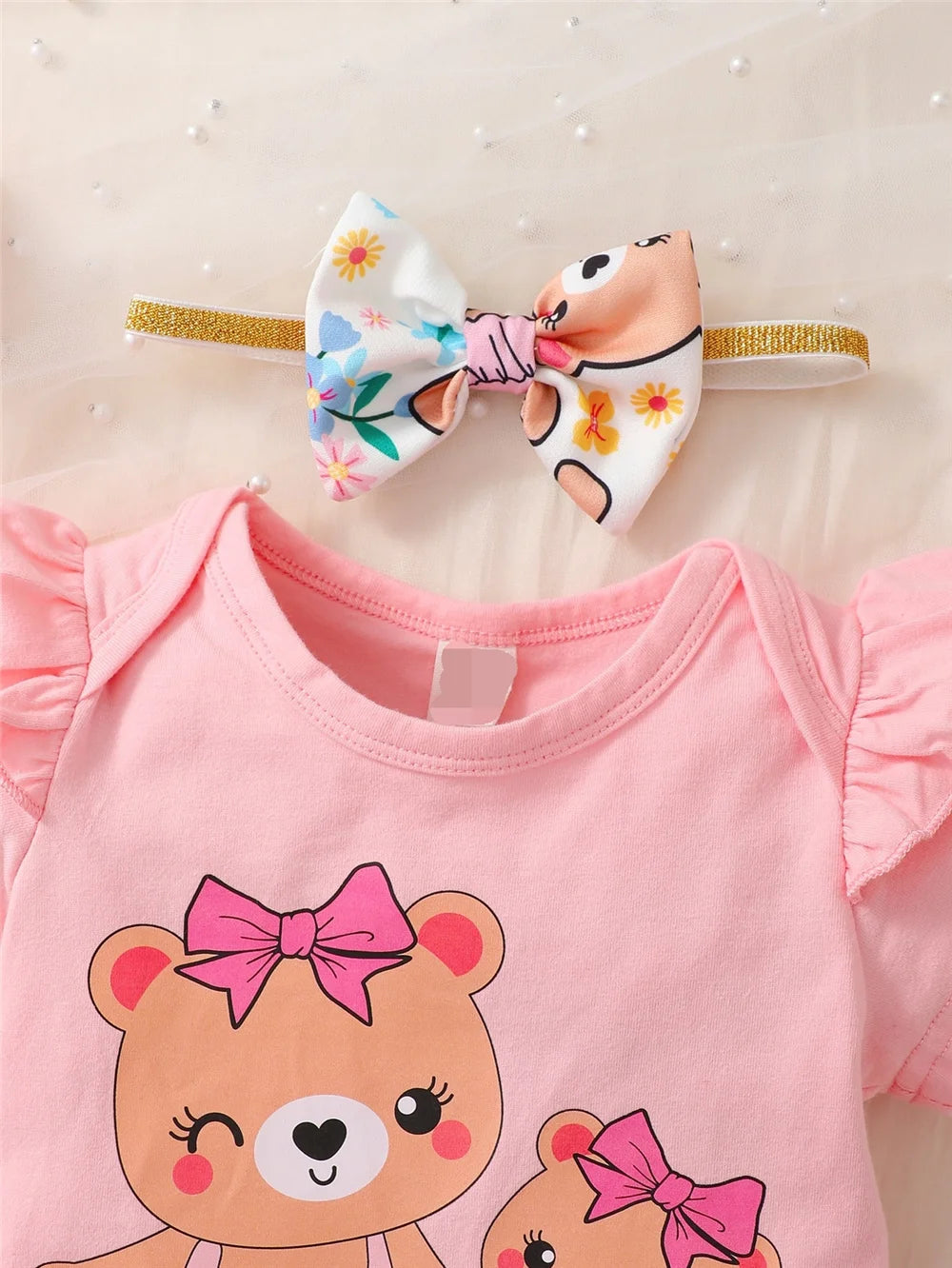 0-2Years Newborn Baby Girl Daily Clothes Set Cartoon Bear Short Sleeve Romper + Shorts with Headband Summer Lovely 3PCS Outfit Leedoar