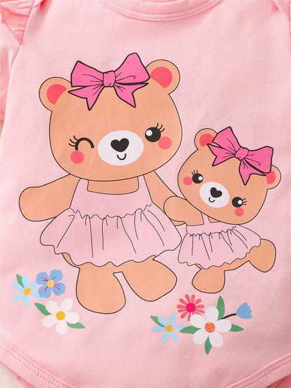 0-2Years Newborn Baby Girl Daily Clothes Set Cartoon Bear Short Sleeve Romper + Shorts with Headband Summer Lovely 3PCS Outfit Leedoar