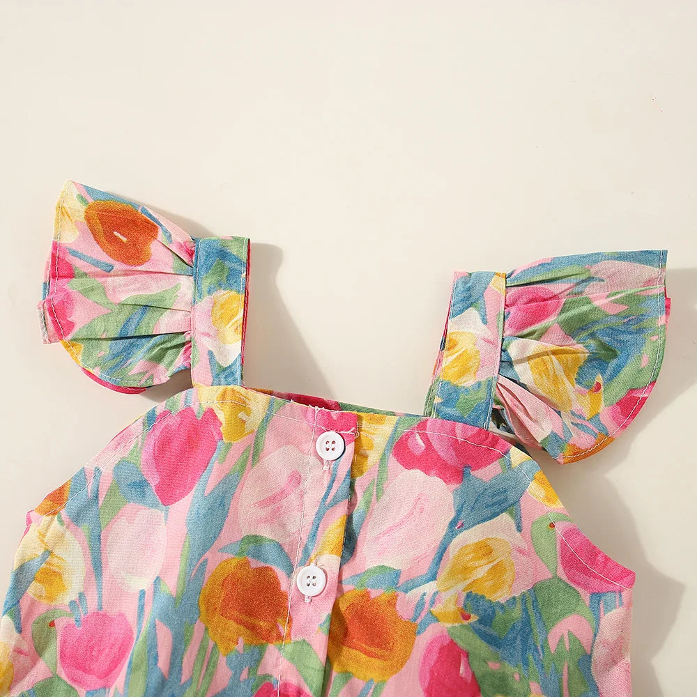 (0-3 años) Conjunto de top y pantalones cortos de manga corta con volantes y flores para niña de verano, bonito conjunto de playa para niña 