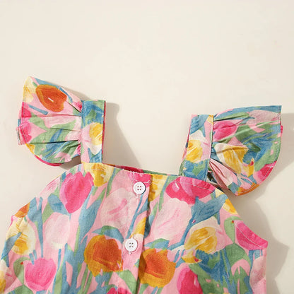 (0-3 años) Conjunto de top y pantalones cortos de manga corta con volantes y flores para niña de verano, bonito conjunto de playa para niña 