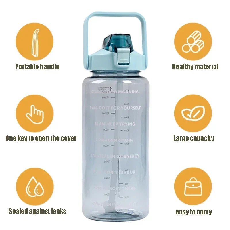 0.5L 1.0L 2L Portable Water Bottle Large Capacity Plastic Straw Water Cup Drink Bottle with Time Marker for Outdoor Sports Fitne Leedoar