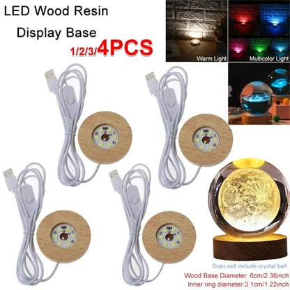 1/2/3/4 piezas Base de exhibición de resina de madera LED hecha a mano Base de lámpara de noche de madera redonda USB Soporte de adorno de resina para dormitorio Luz de noche DIY