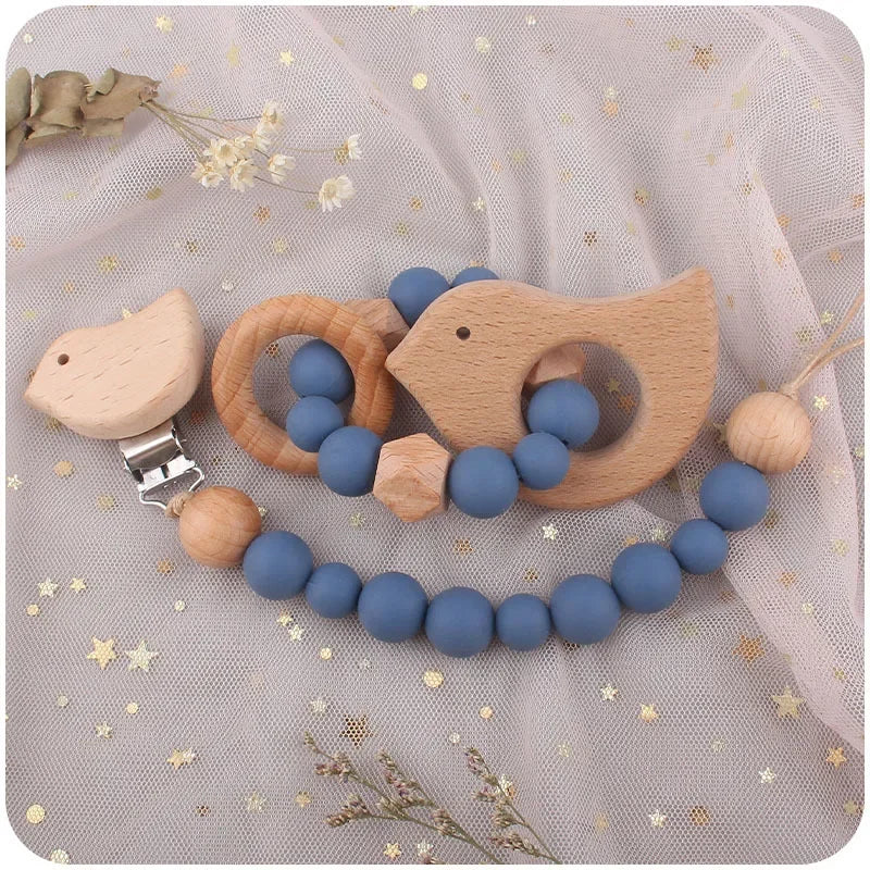 1-2pcs Baby Pacifier Clip Wooden Teethers Bracelet Set Cartoon Star Cloud Cat Silicone Beads Babies Teething Toy Anti-lost Chain