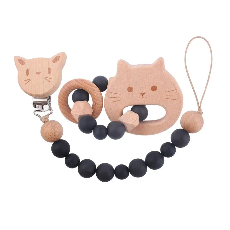 1-2pcs Baby Pacifier Clip Wooden Teethers Bracelet Set Cartoon Star Cloud Cat Silicone Beads Babies Teething Toy Anti-lost Chain