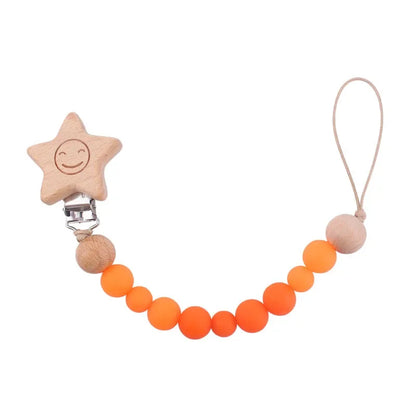 1-2pcs Baby Pacifier Clip Wooden Teethers Bracelet Set Cartoon Star Cloud Cat Silicone Beads Babies Teething Toy Anti-lost Chain