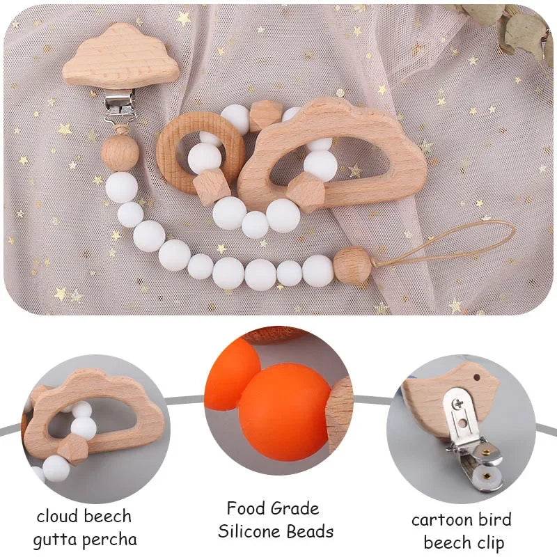 1-2pcs Baby Pacifier Clip Wooden Teethers Bracelet Set Cartoon Star Cloud Cat Silicone Beads Babies Teething Toy Anti-lost Chain