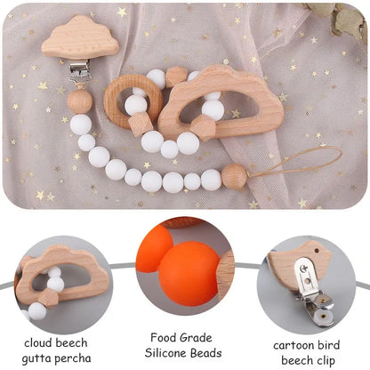 1-2pcs Baby Pacifier Clip Wooden Teethers Bracelet Set Cartoon Star Cloud Cat Silicone Beads Babies Teething Toy Anti-lost Chain