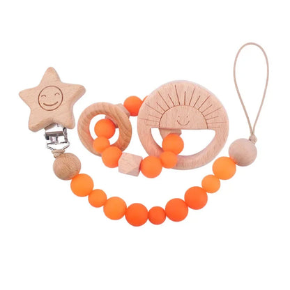 1-2pcs Baby Pacifier Clip Wooden Teethers Bracelet Set Cartoon Star Cloud Cat Silicone Beads Babies Teething Toy Anti-lost Chain